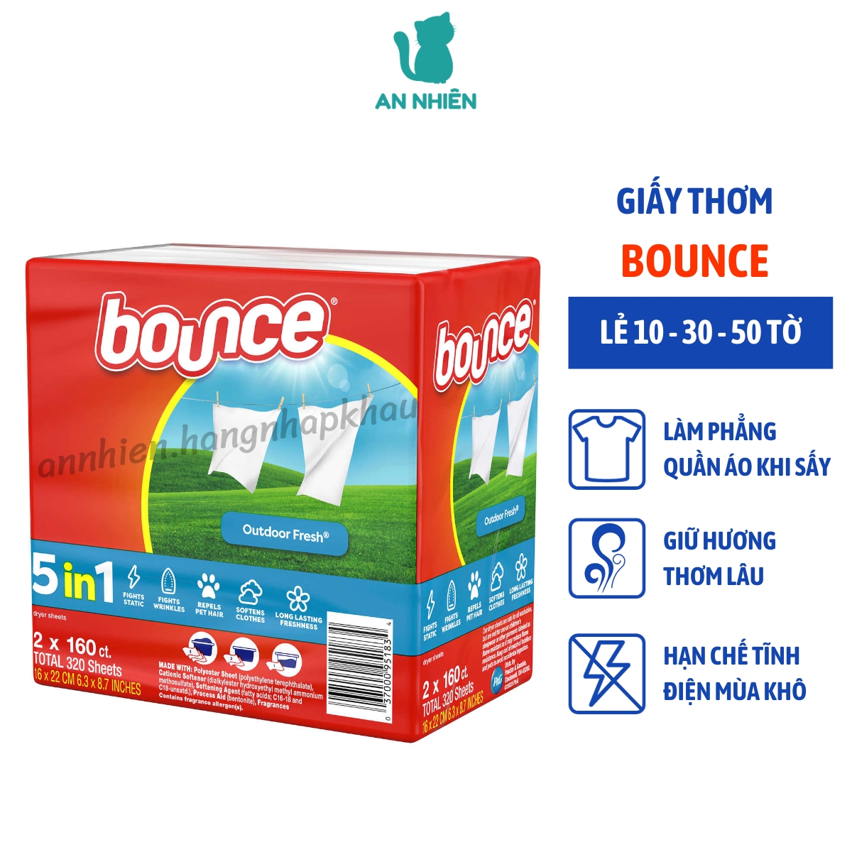 Giấy thơm Bounce Mỹ hộp 160 tờ tách lẻ 10 tờ - 30 tờ - 50 tờ - thơm quần áo, phòng ngủ, xe hơi, hạn chế nhăn vải khi sấy