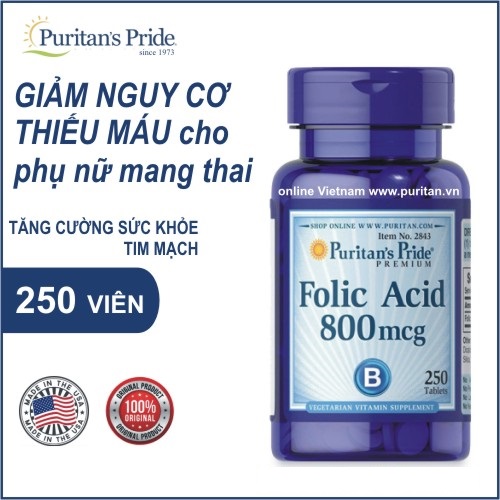 Viên uống ngăn ngừa thiếu máu Puritan's Pride Folic Acid 800mcg 250 viên HSD tháng 6/2026
