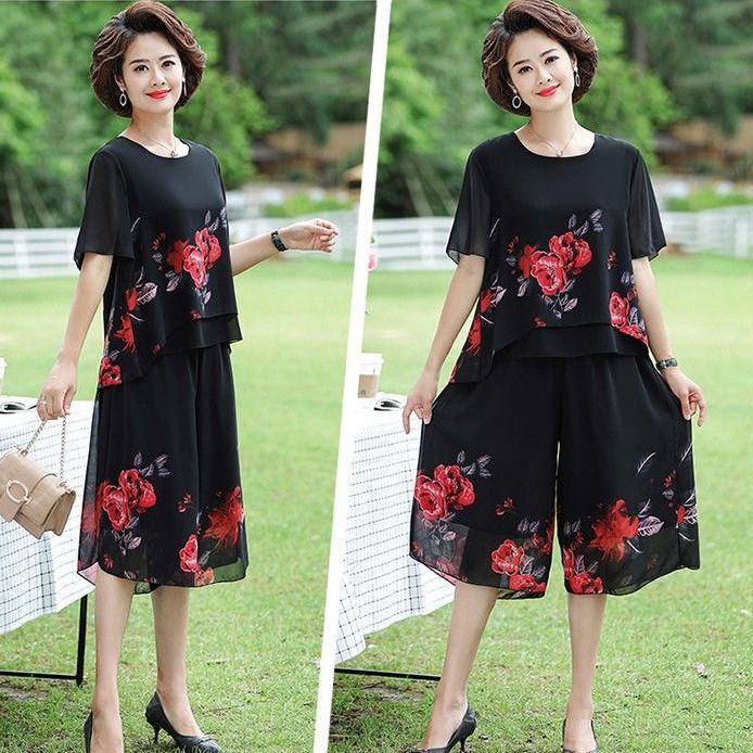 Bộ Đồ Thời Trang Mùa Hè Cho Mẹ TRUNG NIÊN, Phong Cách Phương Tây 40-50 Trung Niên Và Tuổi Của Phụ Nữ Ngắn Tay Áo Rộng Vợ Hai Mảnh Phù Hợp Với