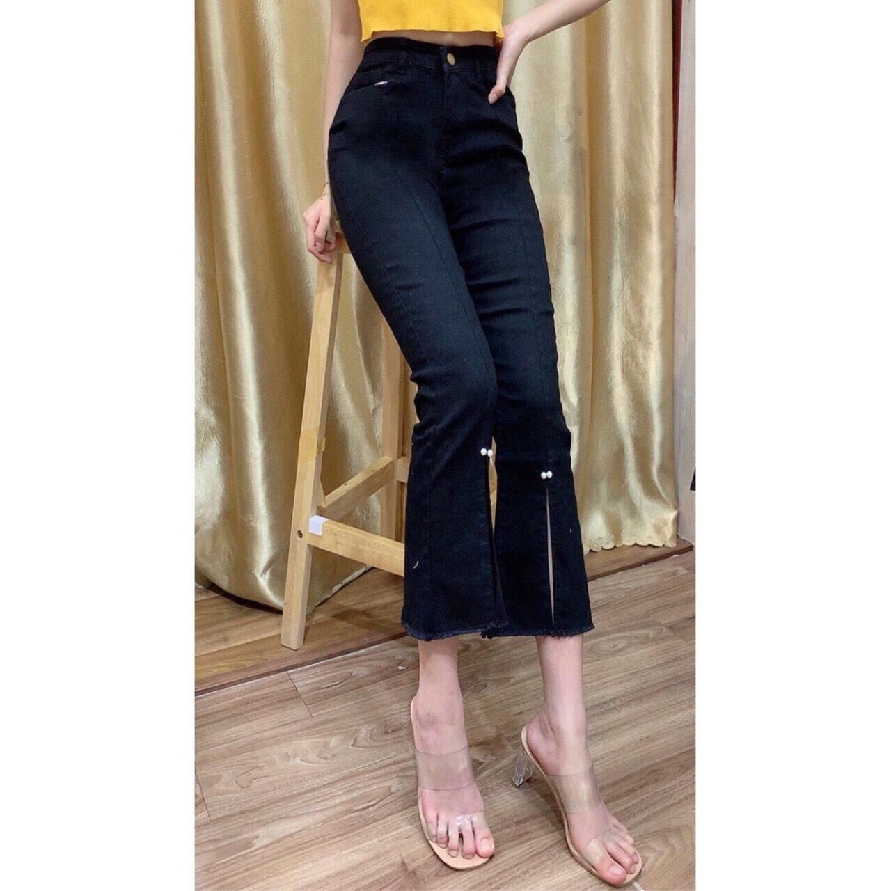 QUẦN JEAN NỮ LƯNG CAO 1179+21 ỐNG LOE ĐÍNH HẠT NGỌC MÀU ĐEN.