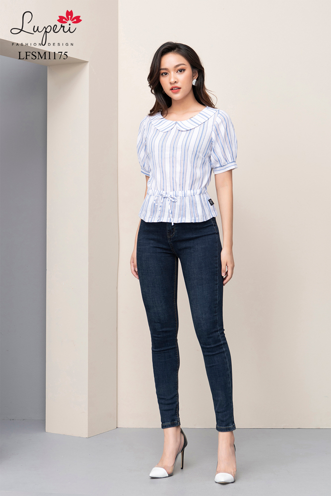Áo sơ mi nữ luperi lfsm1175 cổ bẻ phối kiểu, tay ngắn phồng họa tiết kẻ có bo eo, áo sơ mi tay ngắn, áo sơ mi kiểu nữ, áo sơ mi nữ đẹp, áo sơ mi tay ngắn nữ, áo sơ mi nữ đẹp lfsm1175