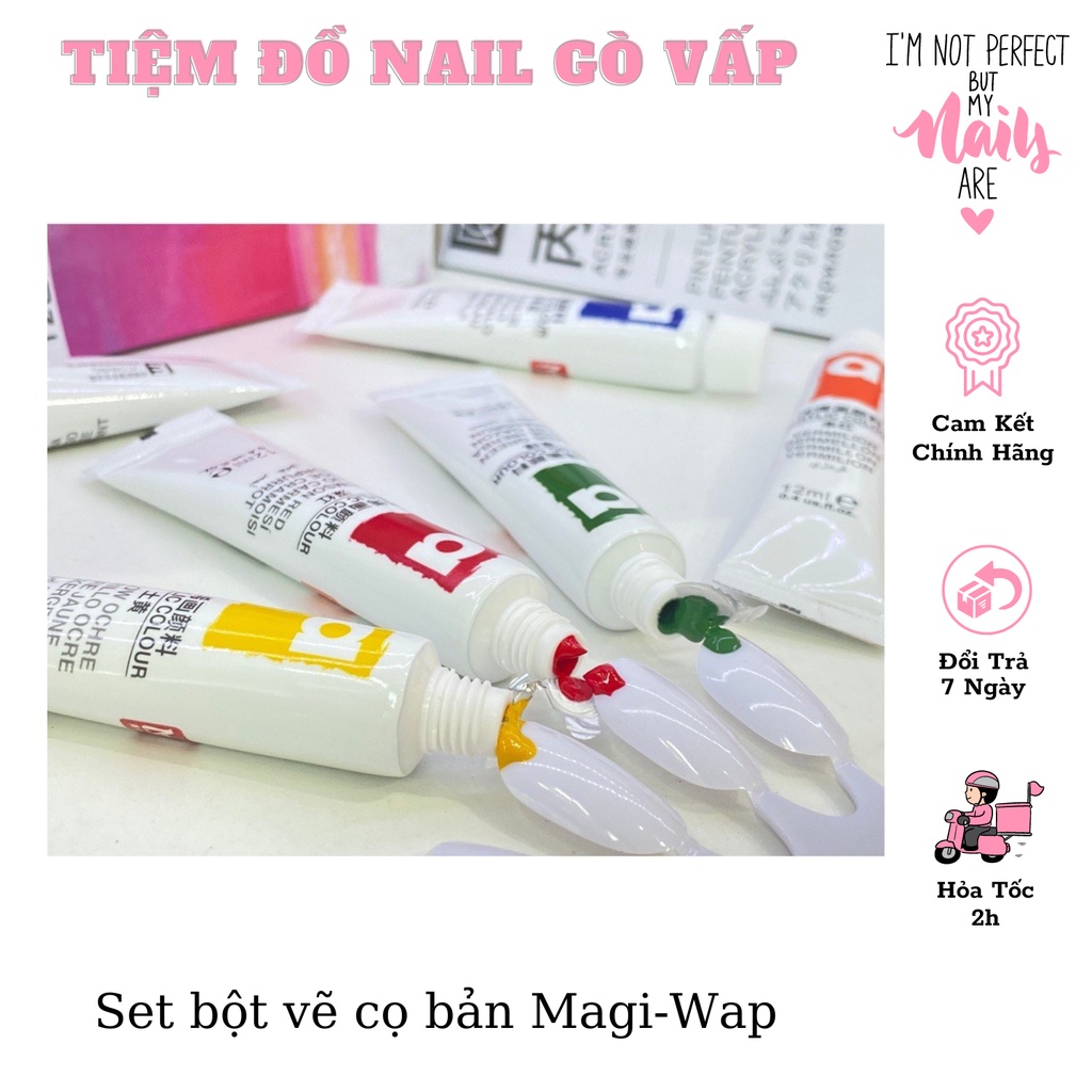 Set bột vẽ cọ bản nail 3d 12 màu magi-wap