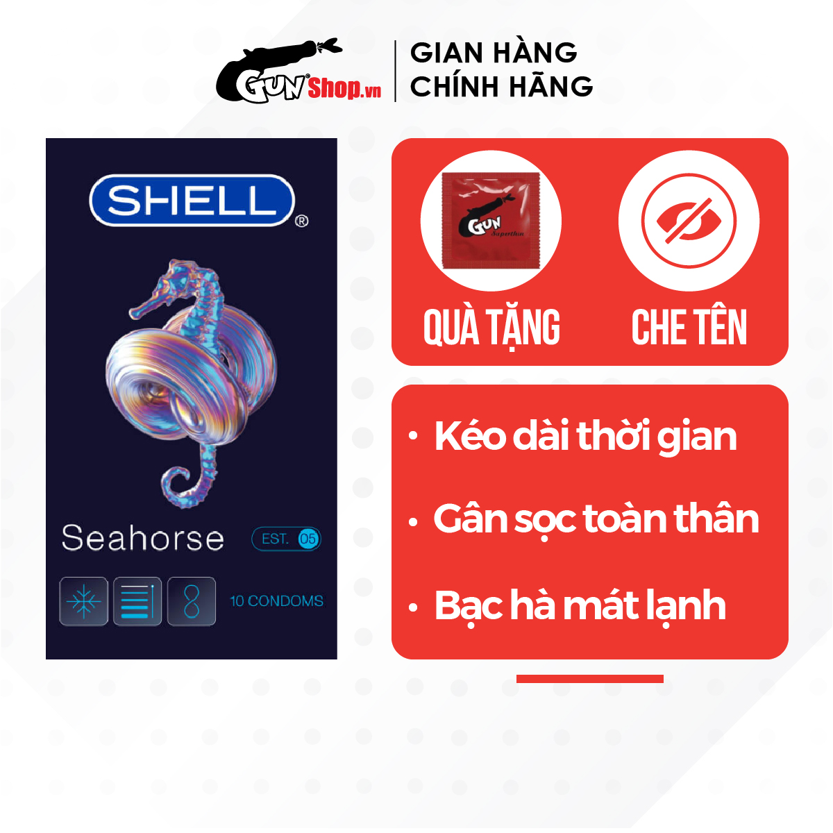 Bao cao su Shell Seahorse kéo dài thời gian - Hộp 10 cái | GUNSHOP VIỆT NAM