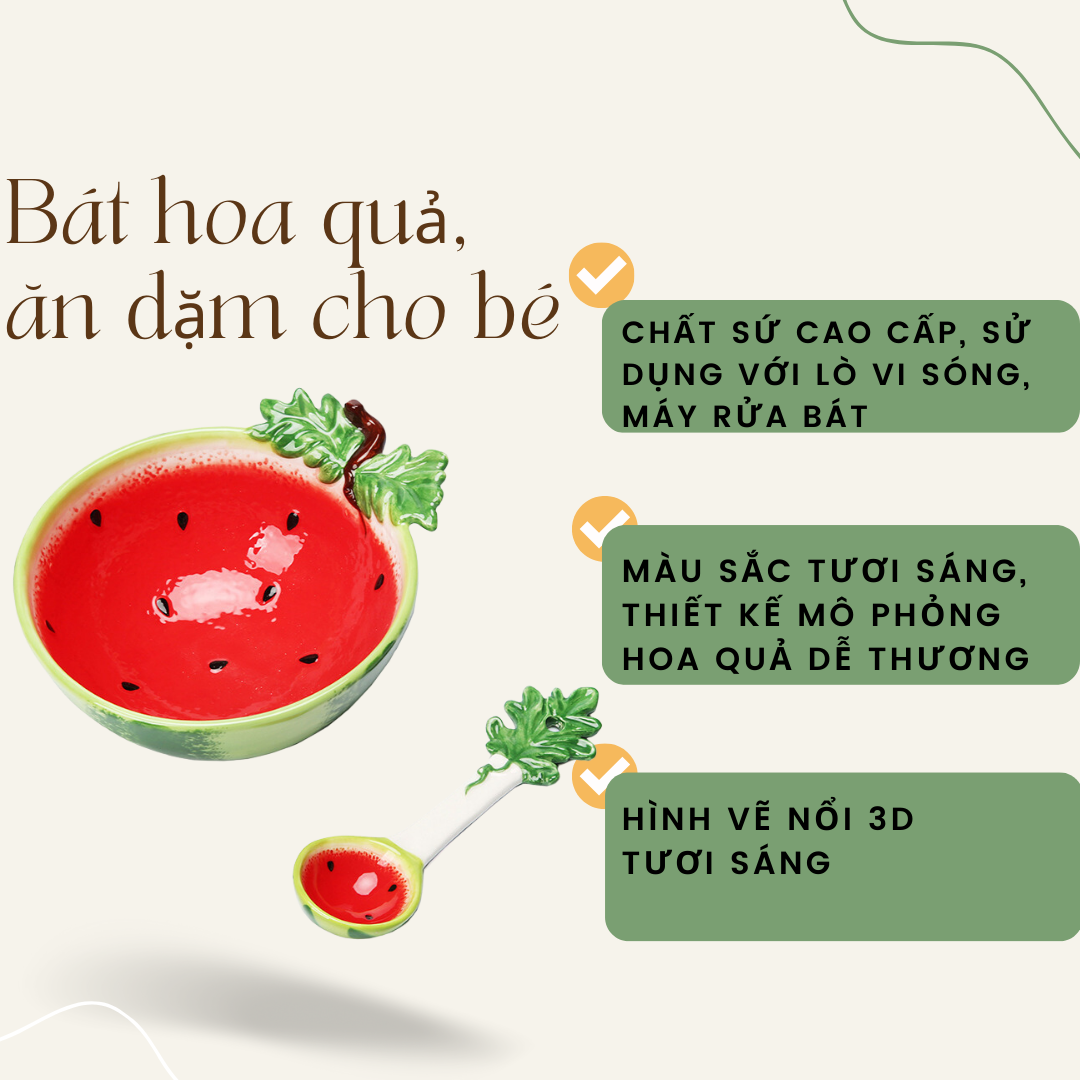 [Có sẵn] Bộ bát thìa hoa quả dễ thương, bát ăn dặm cho bé