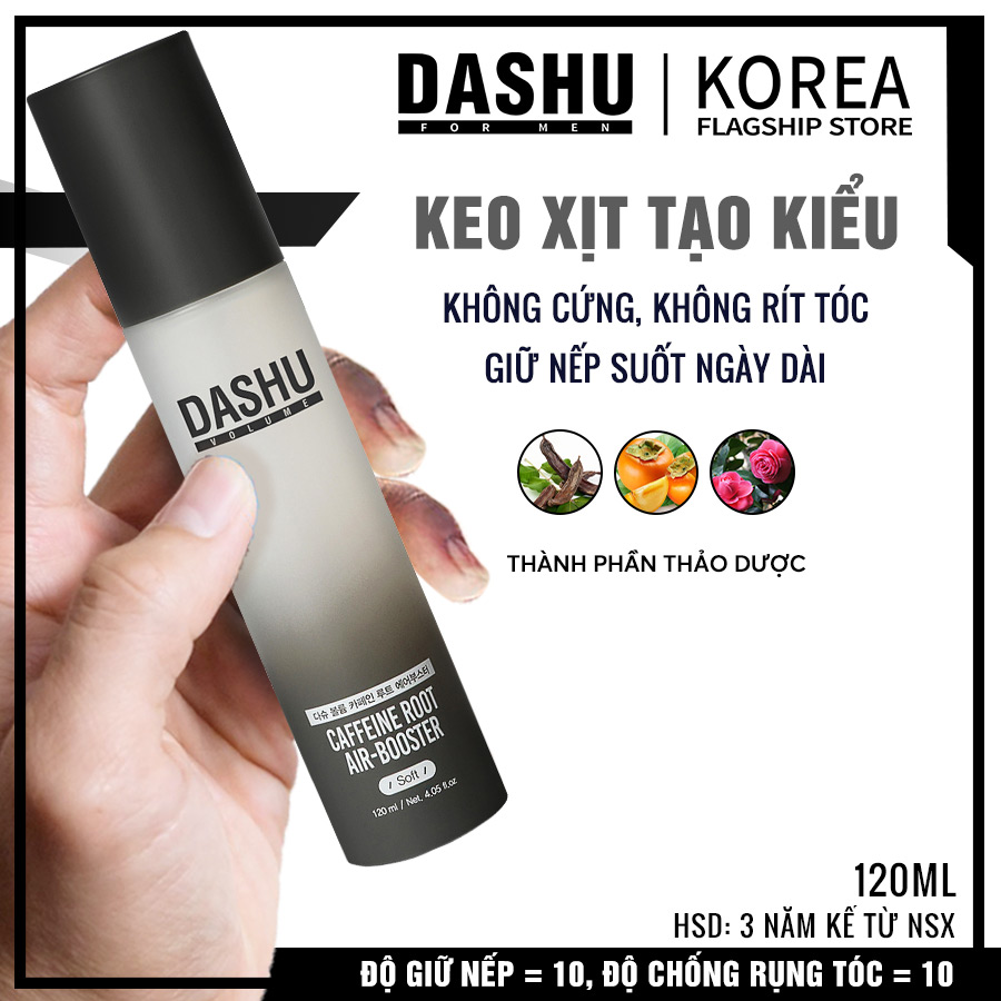 Keo xịt tóc Nam/Nữ tạo kiểu dùng cho tóc mỏng, tóc dài Dash Volume Caffeine Root Air Booster 120ml (Soft), keo vuốt tóc, làm phồng tóc triết xuất từ 14 loại thảo dược nuôi dưỡng nang tóc, giúp tóc khỏe mạnh và dầy hơn.