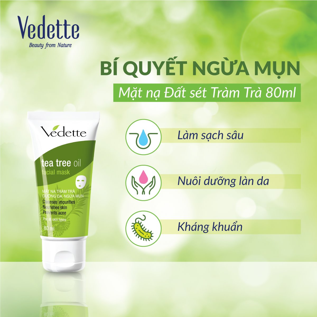 Mặt nạ đất sét Vedette tinh dầu tràm trà (Tea Tree Oil) 80ml MNDS-TT-TT0080