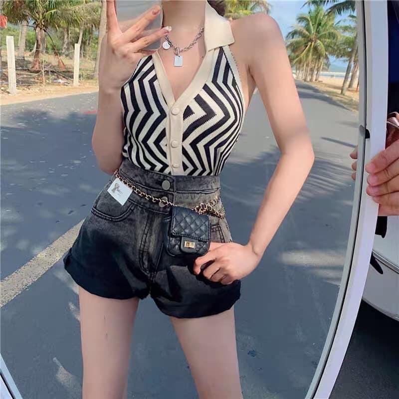 Áo yếm cổ bẻ croptop sexy (Đen, Xanh và Tím)