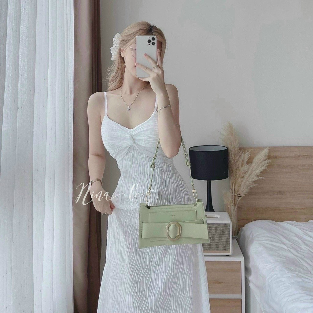 Đầm maxi vân sóng 2 dây đi biển, Váy basic 2 dây dáng suông HTD393