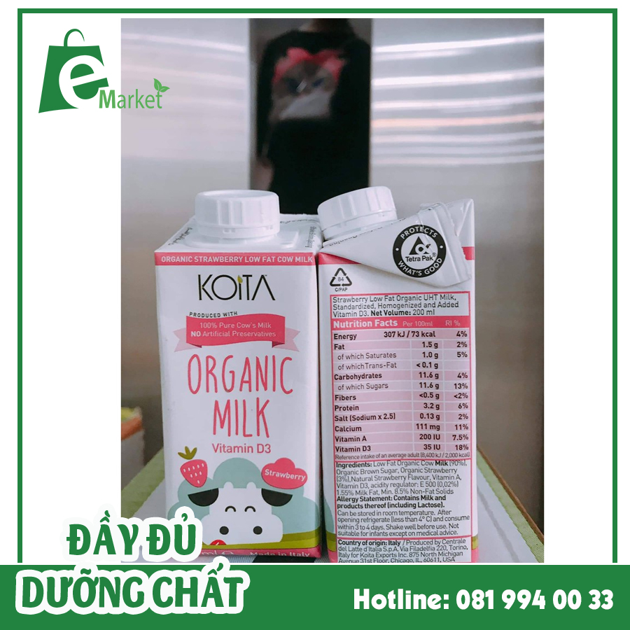 Sữa bò hữu cơ vị dâu ít béo Koita (200ml)