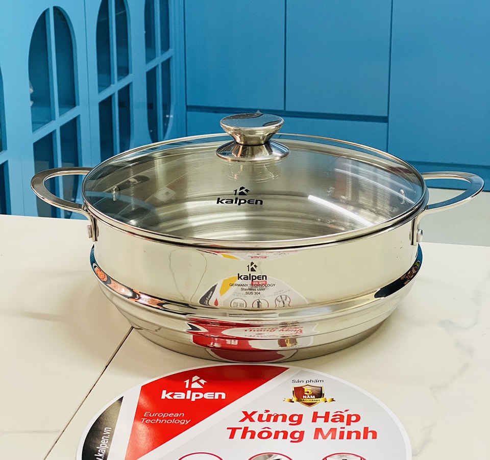 Xửng hấp 3 nấc Inox 304 kèm vung kính Kalpen 28cm