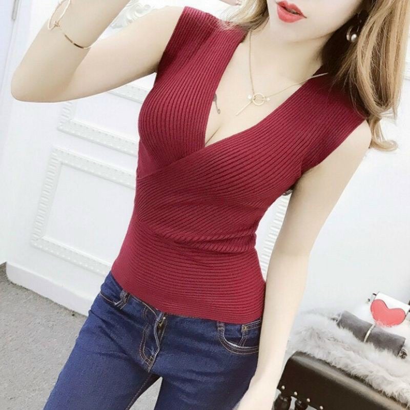 Áo thun gân cổ V đan chéo ôm body tay ngắn form đẹp - kèm ảnh, Áo thun gân cổ đáp chéo chữ V