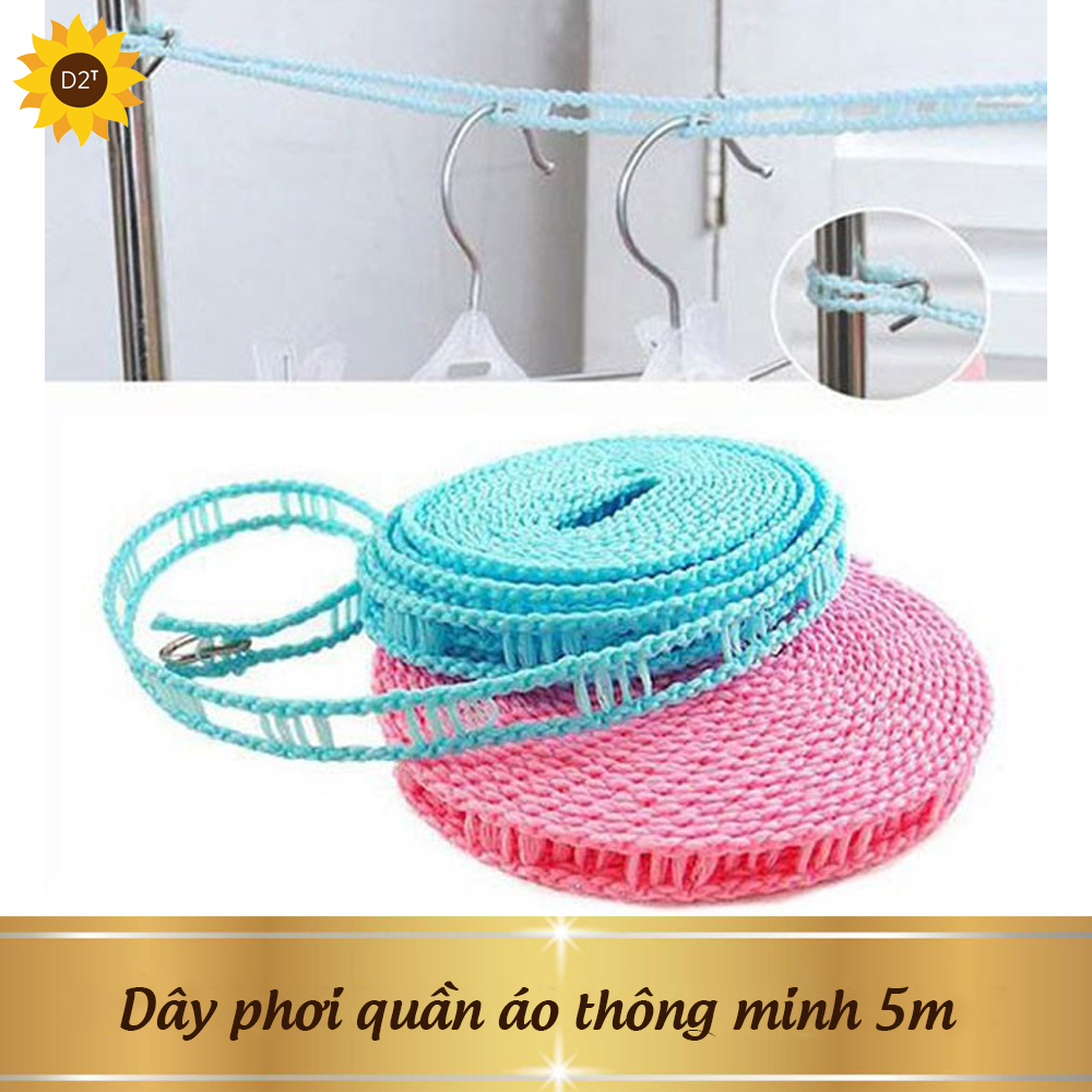 Dây phơi quần áo thông minh 5m nhựa có lỗ móc treo chống dồn chống xô tiện lợi, dây phơi đồ đa năng trong nhà và ngoài trời