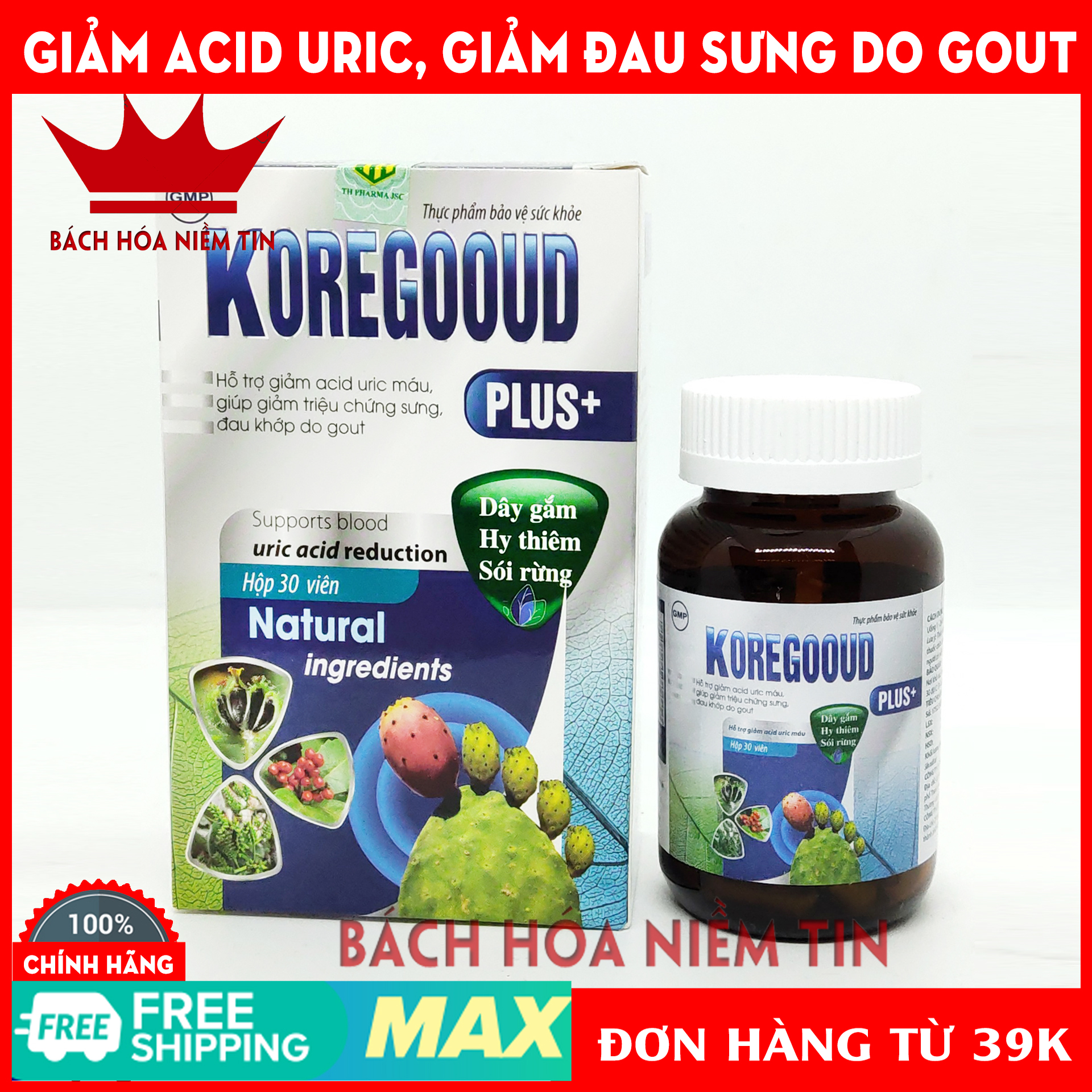 Viên uống giảm Gút KORE GOOUD PLUS - Thành phần 100% thảo dược - giảm acid máu, giảm đau, sưng do gout - Hộp 30 viên chuẩn GMP