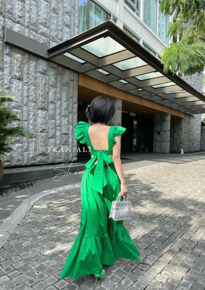 Váy maxi 2 dây dáng dài cúp ngực hở eo, đầm tay bèo dúm váy đuôi cá dây buộc lưng