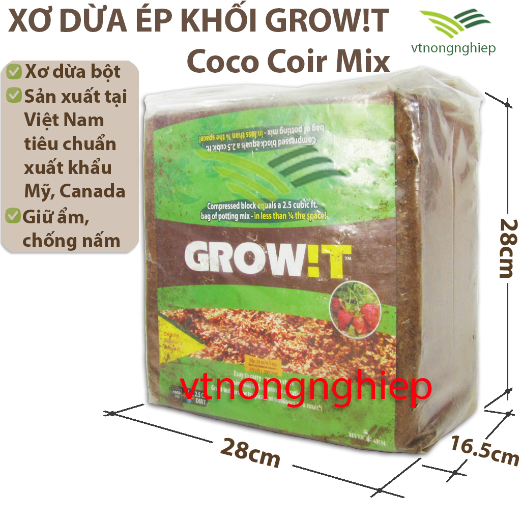 Xơ dừa bột grow!t- coco coir mix, mụn dừa ép khối, kiện 28x28x16.5cm, 4.5kg, xơ dừa trồng cây dùng cho cây cảnh, cây hoa, rau mầm, dâu tây