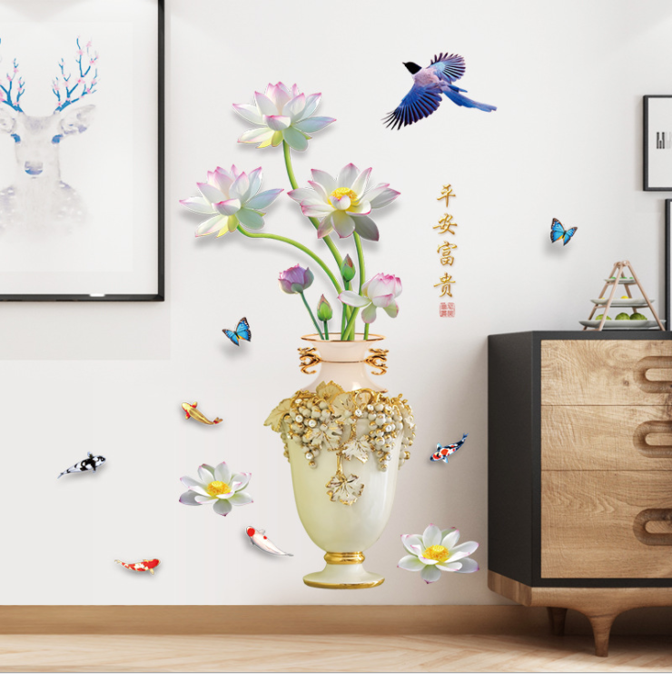 [HCM]decal trang trí   dán tường bình hoa sen cá