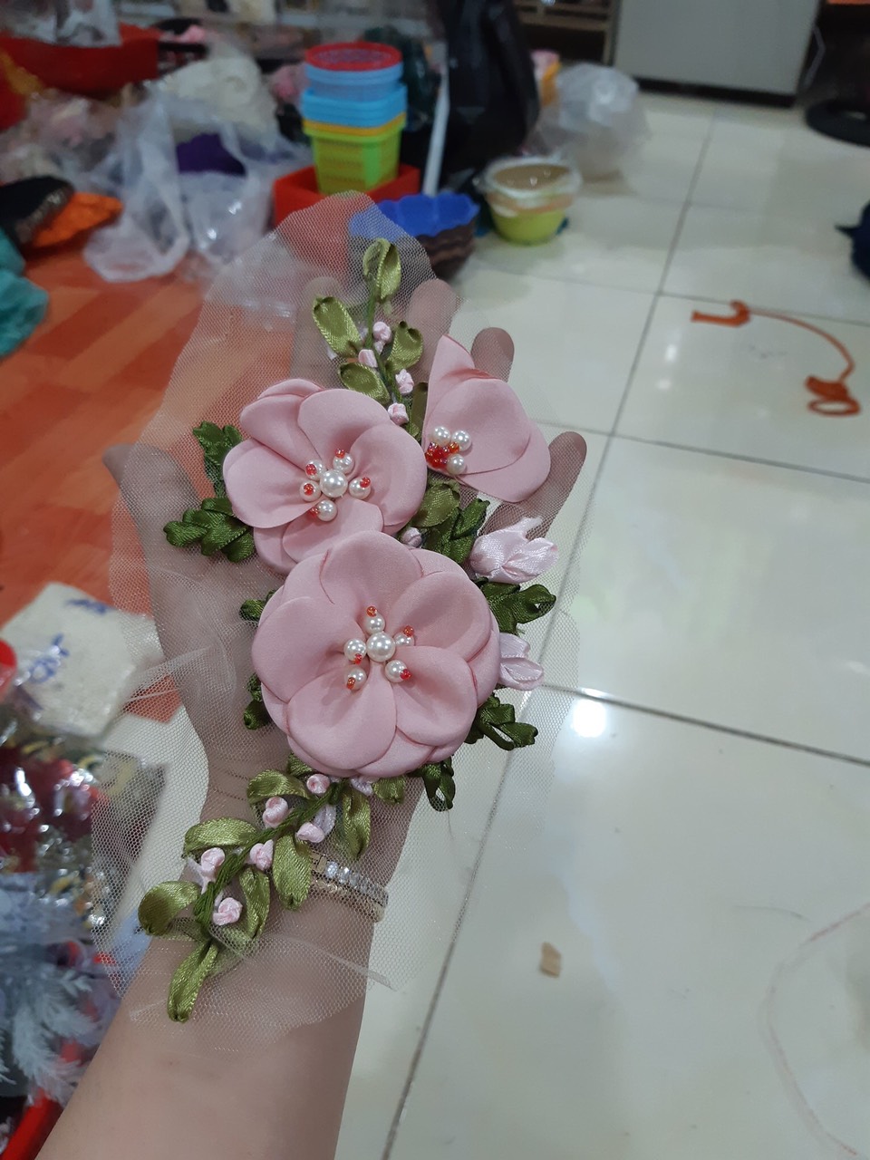 [Ảnh thật] [Có sẵn] hoa thêu ruy băng trà