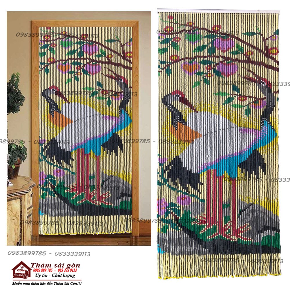 Màn Hạt Nhựa Hạc Đào Nền Kem Rèm Hạt Nhựa Mành Hạt Nhựa.