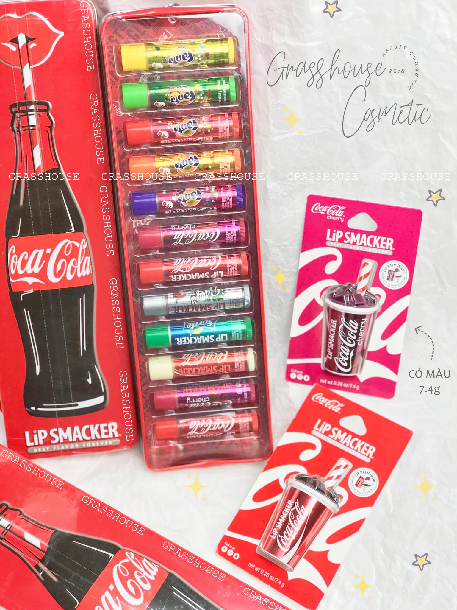 Son dưỡng nước ngọt lip smacker #coca #cherry #xá xị #fanta #sprite #coca cheery #vanilla son dưỡng không màu cho em bé gái