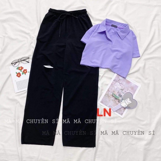 Sét áo polo + quần rộng rách LN12, áo kiểu nữ, áo thun nam nữ, quần kaki, quần nữ, sét bộ mặc ở nhà, áo thun tay dài, quần jean ống rộng FANI