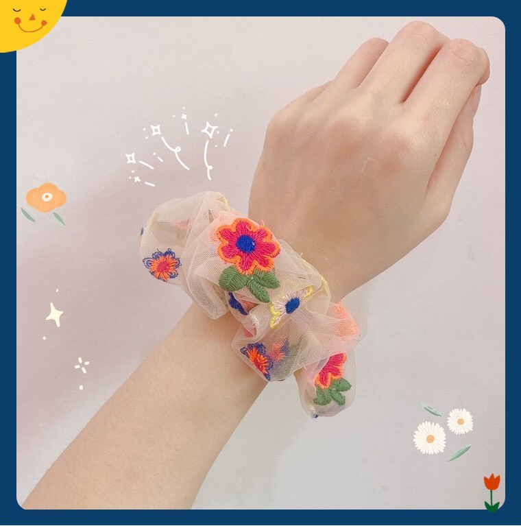 [HCM]Scrunchies cột tóc thêu hoa vải voan lưới