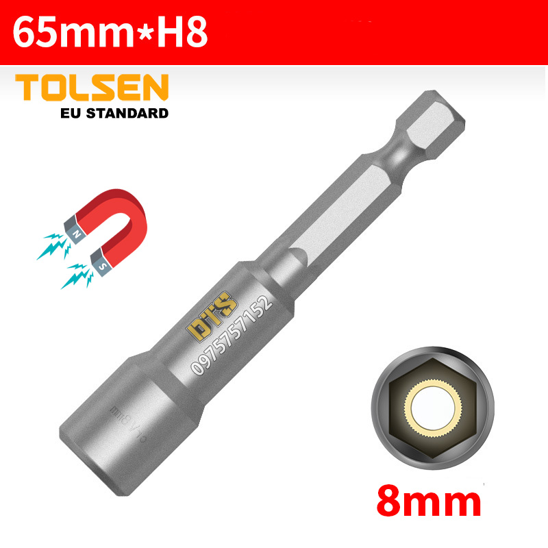 Đầu bắn tôn công nghiệp hãng TOLSEN 8mm, đầu chụp đầu bắn bulong có nam châm hút dài 65mm hàng cao cấp tiêu chuẩn Châu Âu, đầu vít bắn tôn 8mm, đầu bắn vít ốp lam, đầu chụp bắn tôn, đầu bắt vít tôn, đầu bắn tôn 8mm