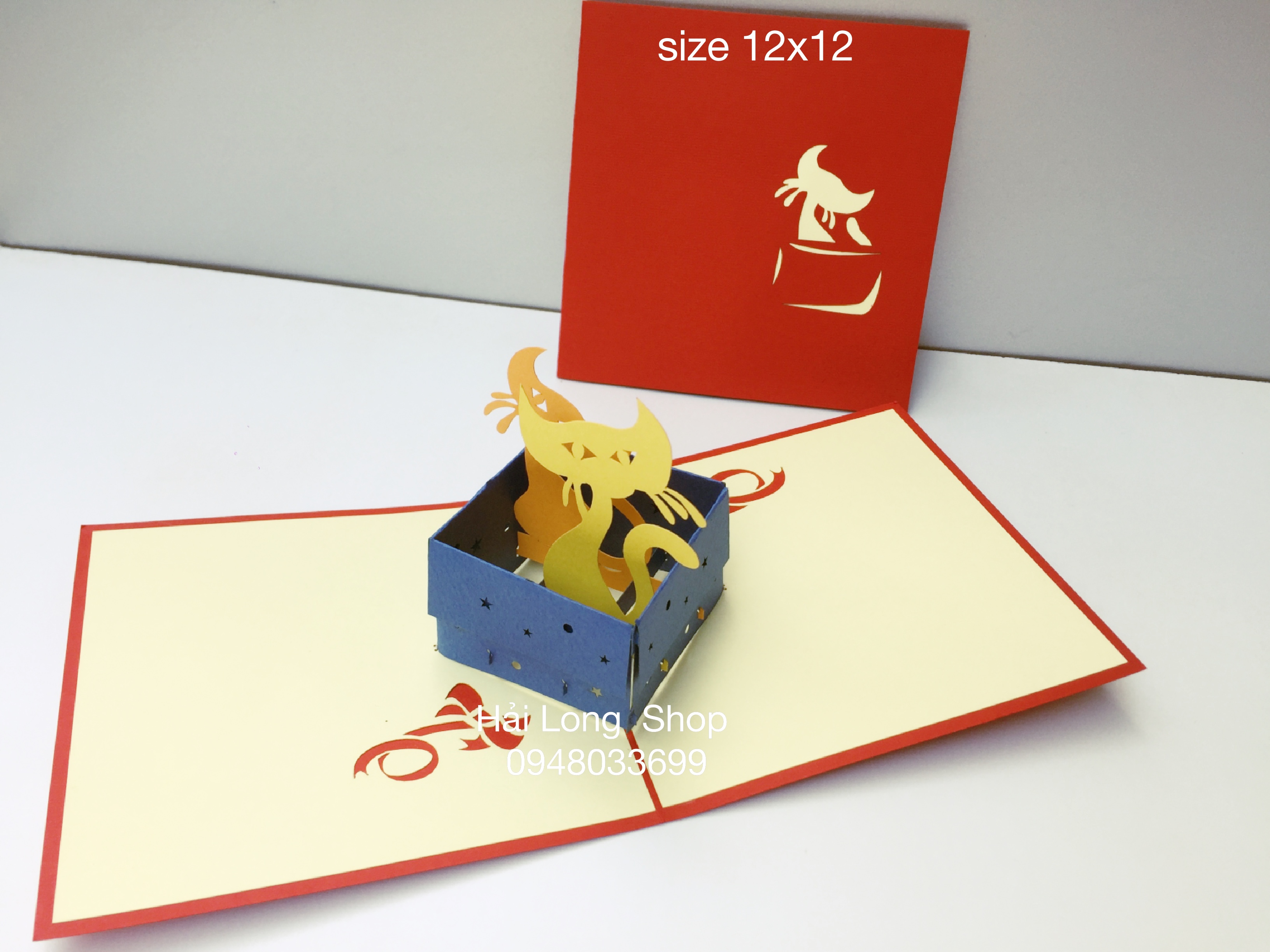 Mèo 2 ( ngồi trong hộp ) - Cat - Sinh Nhật - Birthday - Thiệp 3D