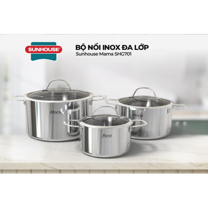 Bộ nồi inox đáy liền nguyên khối SUNHOUSE MAMA SHG701 - Dùng được với mọi loại bếp - Đường kính 16cm - 20cm - 24cm - Sản xuất tại Việt Nam - Hình ảnh 6