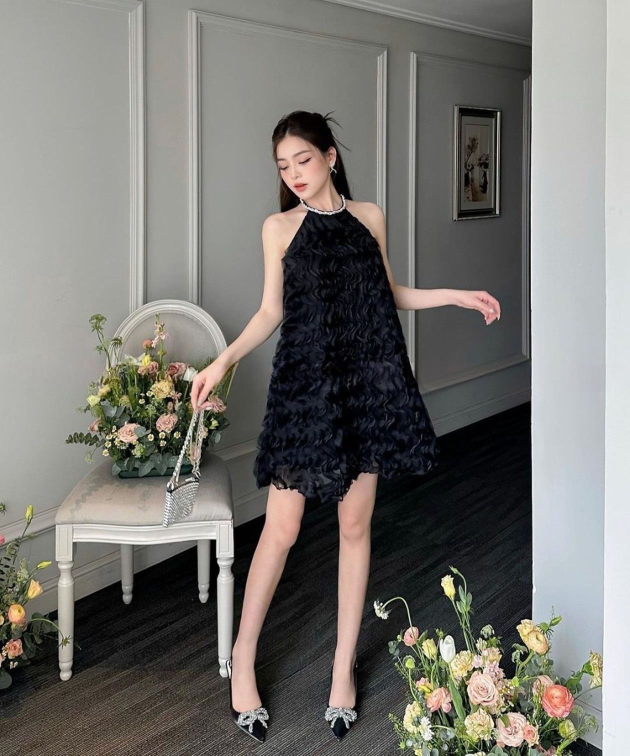 Váy kiểu nữ cổ yếm phối cổ đá dáng xòe Linly Store V-VPC4
