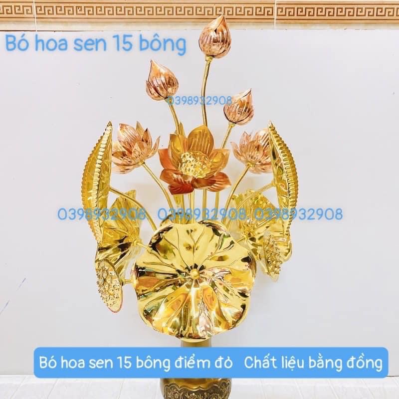 Hoa sen đồng 15 bông điểm đỏ chất liệu bằng đồng