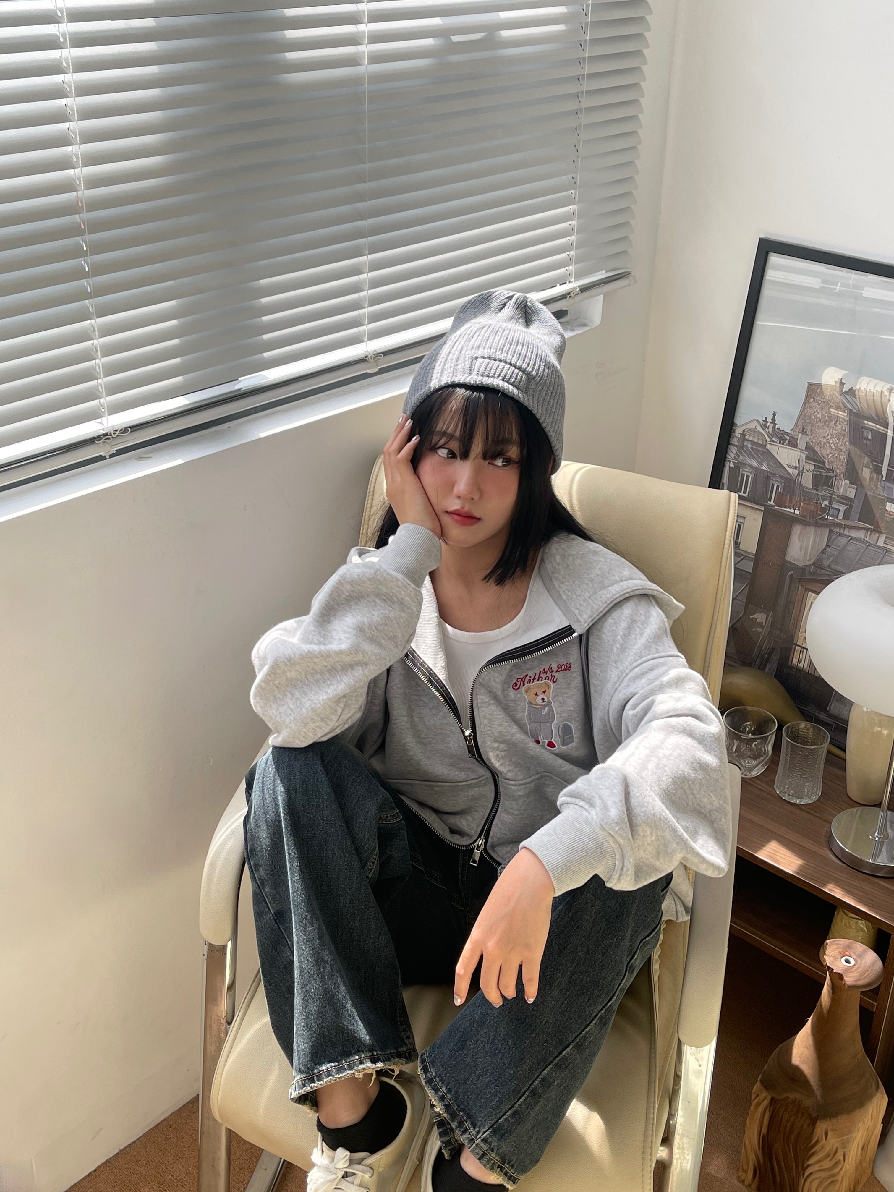 Aither Studio Áo Bear Hoodie Zip form Boxy