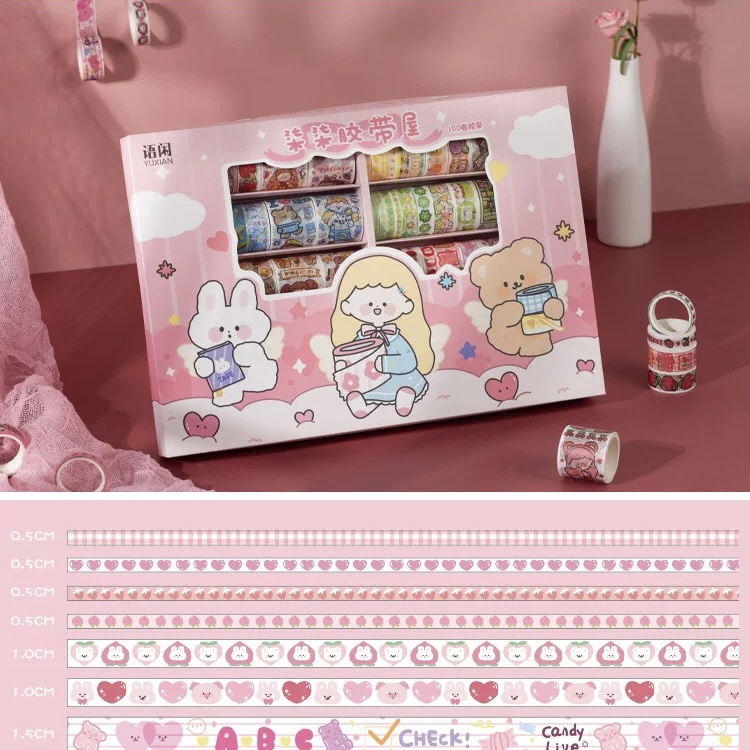[GIRL THINGS] Hộp 100 cuộn washi tape dễ thương (có tách lẻ 20 cuộn)