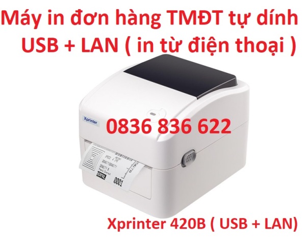 Máy in Xprinter XP420B ( USB + LAN ) in đơn hàng tem nhãn vận chuyển bằng điện thoại iphone Android máy tính Macbook Windown qua Wifi LAN