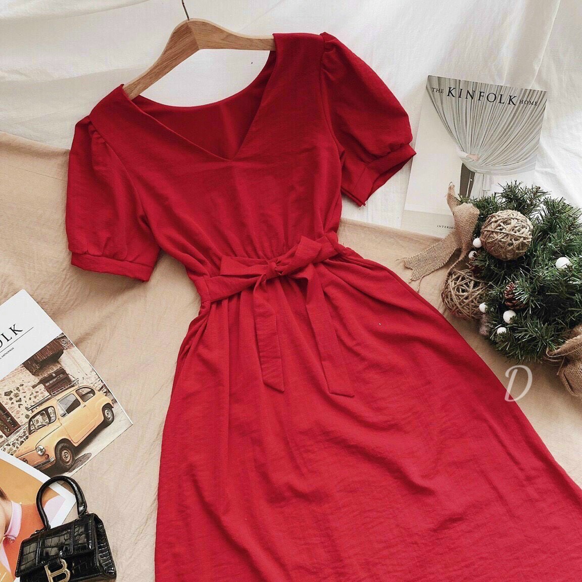 Váy đầm nữ tay phồng cột nơ tiểu thư