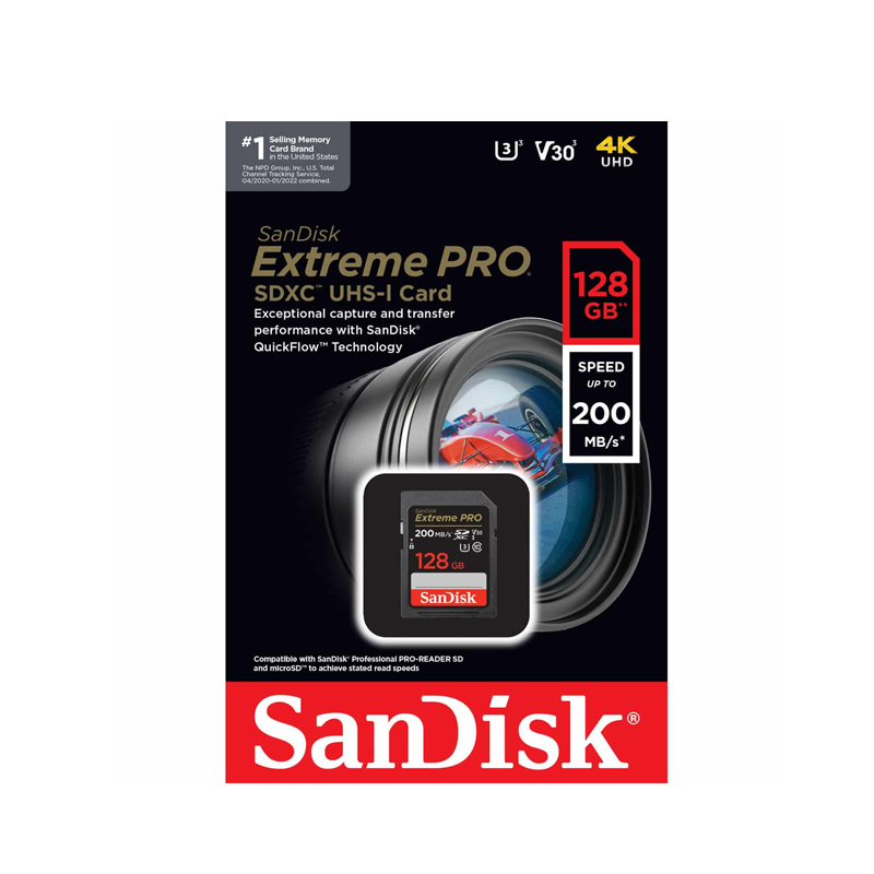 SanDisk Extreme Pro U3 V30 128GB 200 MB/s SDXC camera memory card (black)