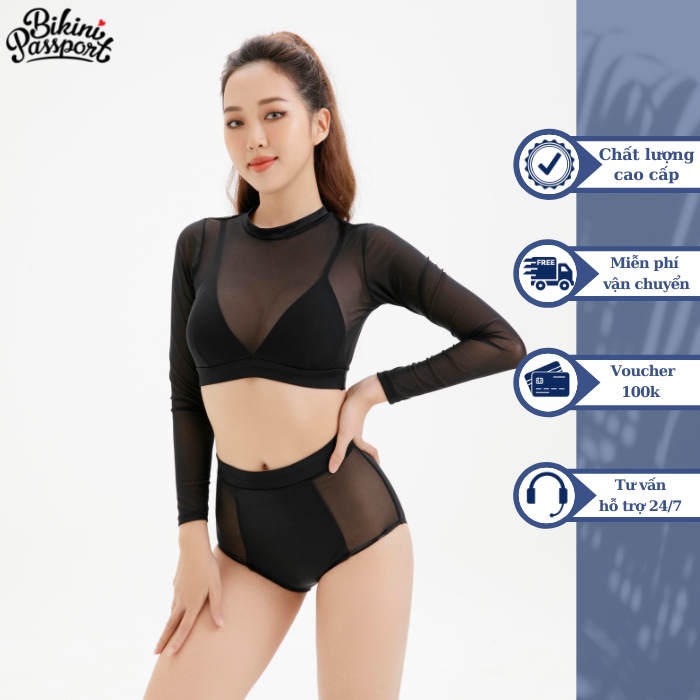 Đồ bơi nữ bikini passport kiểu lưng cao áo tay dài phối lưới- màu đen - bs302_bl