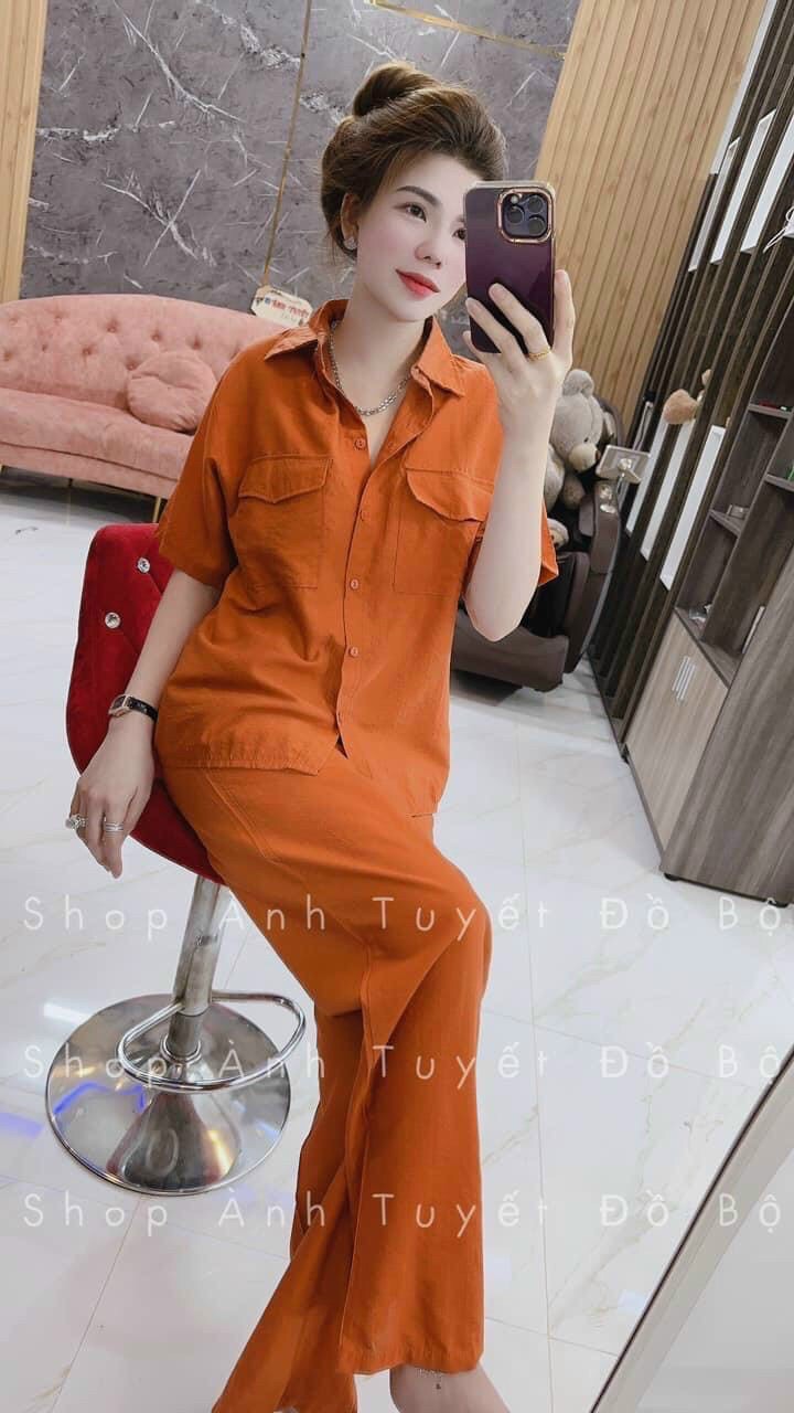 Set bộ sơ mi tay ngắn quần dài chất đũi mặc siêu sang Set bộ nữ sơ mi tay lỡ quần dài chất đũi kèm vải thật
