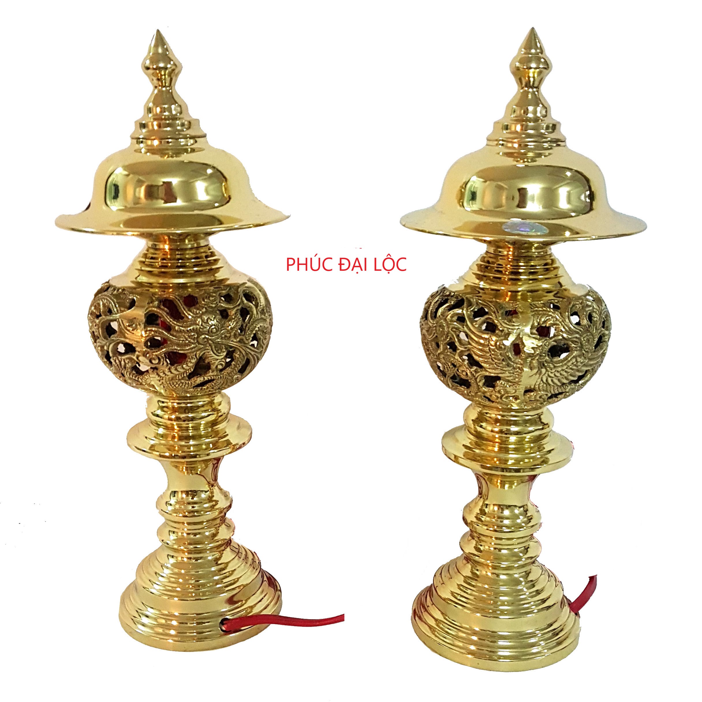 Đôi đèn điện thờ cúng Rồng Phượng số 4 (IP4) bằng đồng cao 49 cm nặng 6.6 kg màu vàng bóng