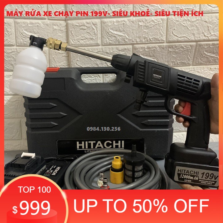 Máy rửa xe, vệ sinh, tưới hoa cầm tay dùng pin hitachi 199v–áp lực mạnh-công suất 1400w