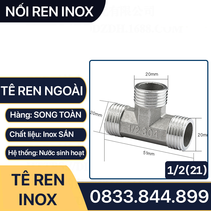 Tê Inox 21, Tê Ren Ngoài 1/2 (21) Inox 304