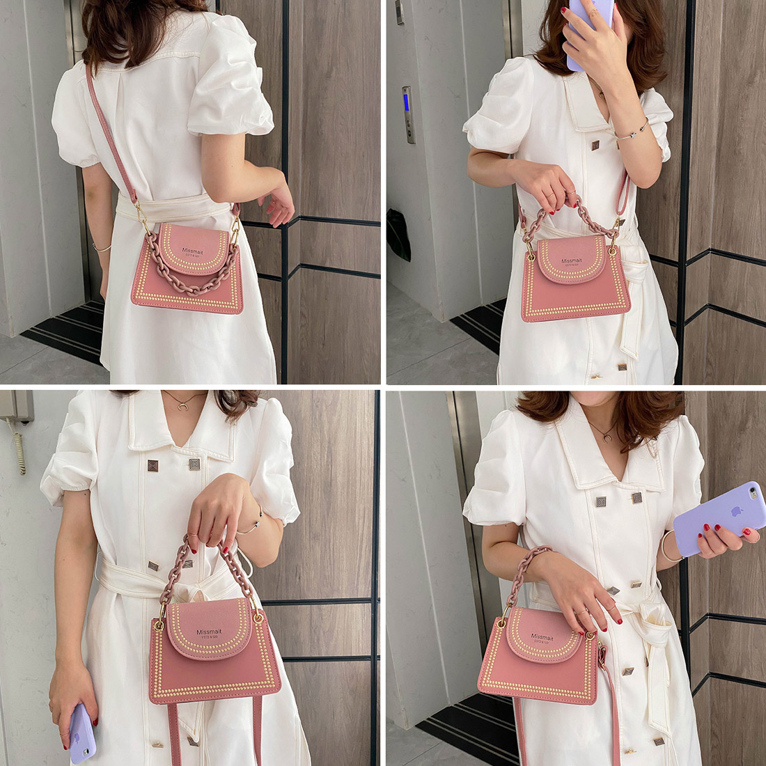 Túi Đeo Chéo Phối Dây Xích Viền Chấm Bi - 100style