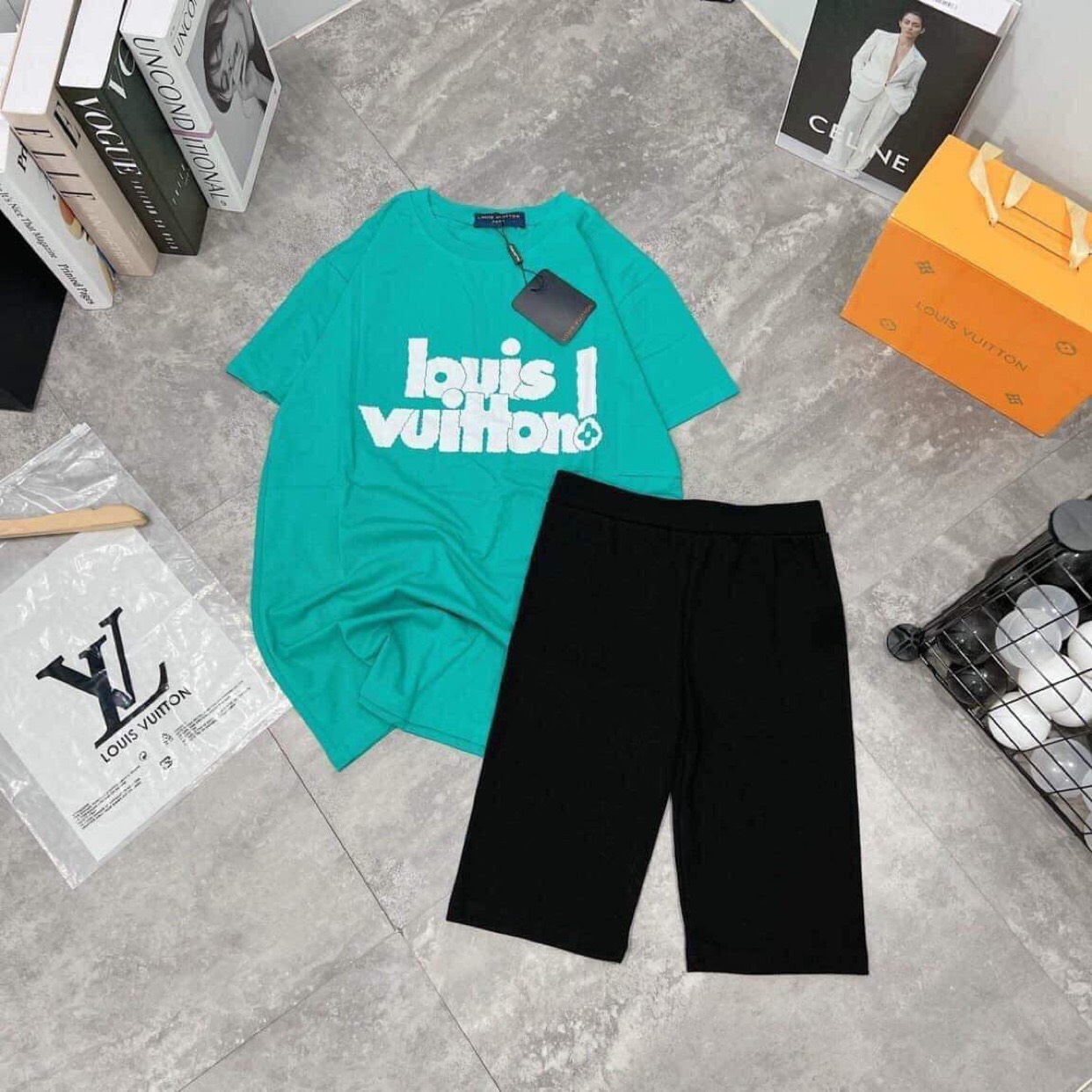Sét bộ mặc nhà nữ áo thun cotton dáng thụng và quần legging ngố siêu hót