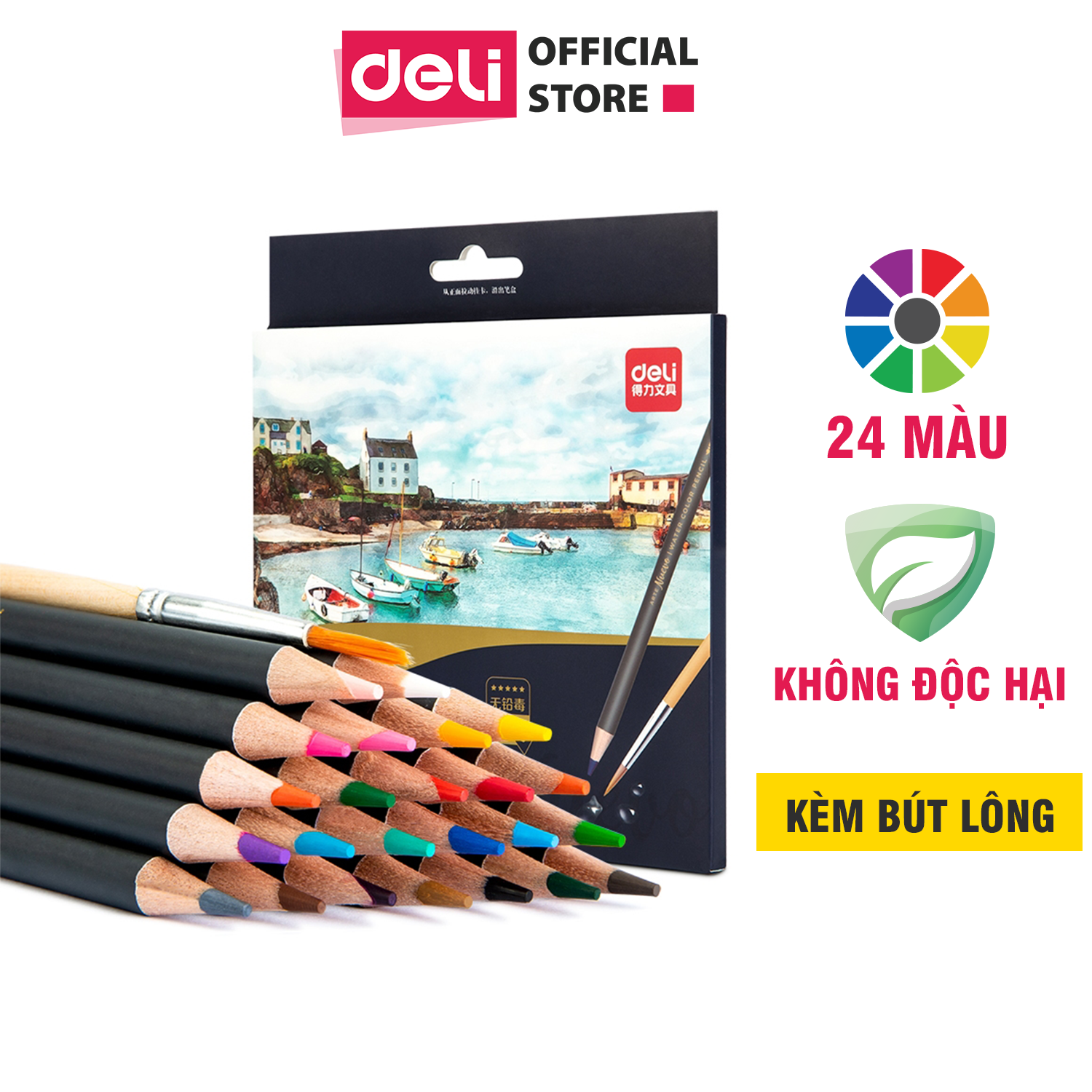 Bút chì màu nước cao cấp Deli 24 - 36 - 48 màu/ hộp kèm bút lông - 6518/6519/6520