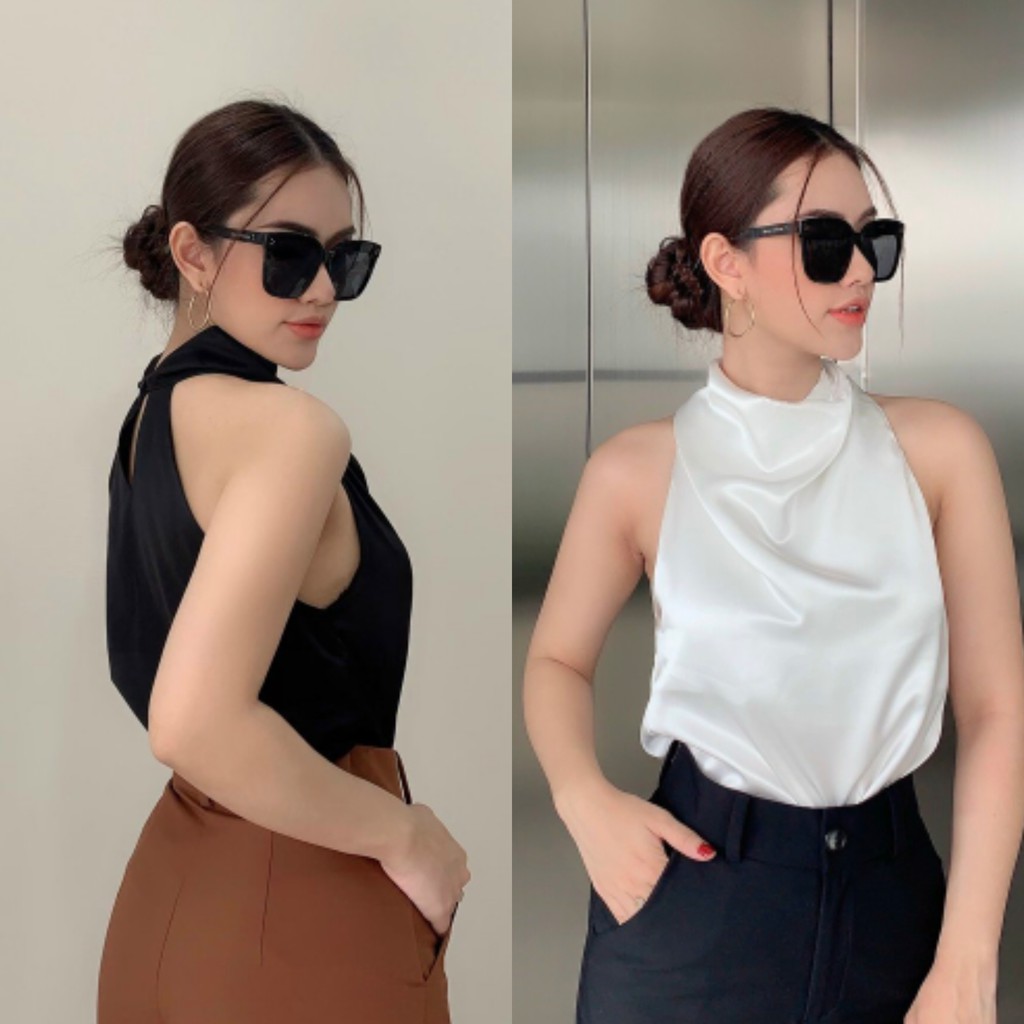 Áo lụa satin cổ yếm cao sang chảnh