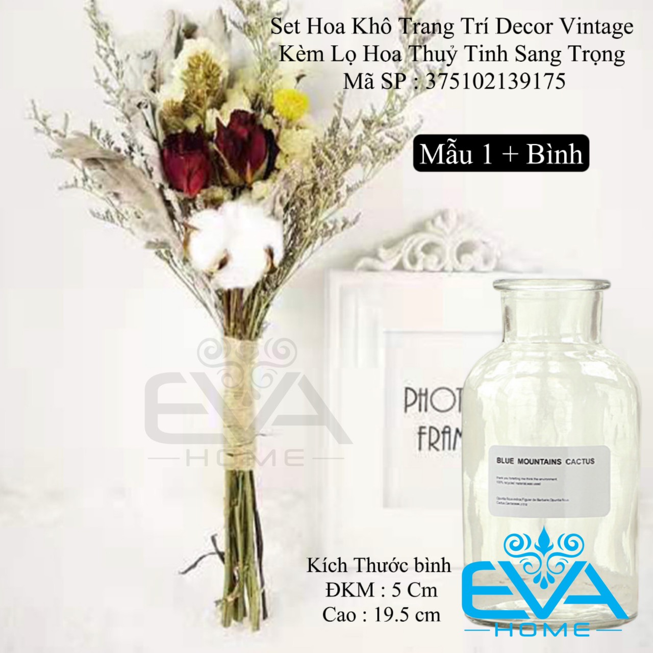 Set hoa khô trang trí decor vintage kèm lọ hoa thuỷ tinh sang trọng
