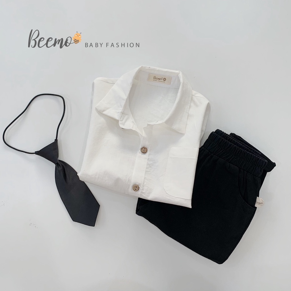 Set sơ mi trắng quần đen kèm cavat cho bé trai