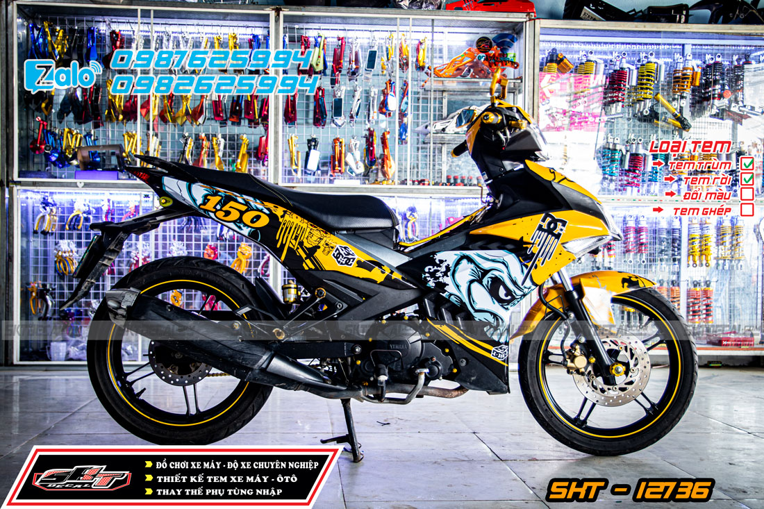 tem trùm exciter 150 đầu lâu vàng đen