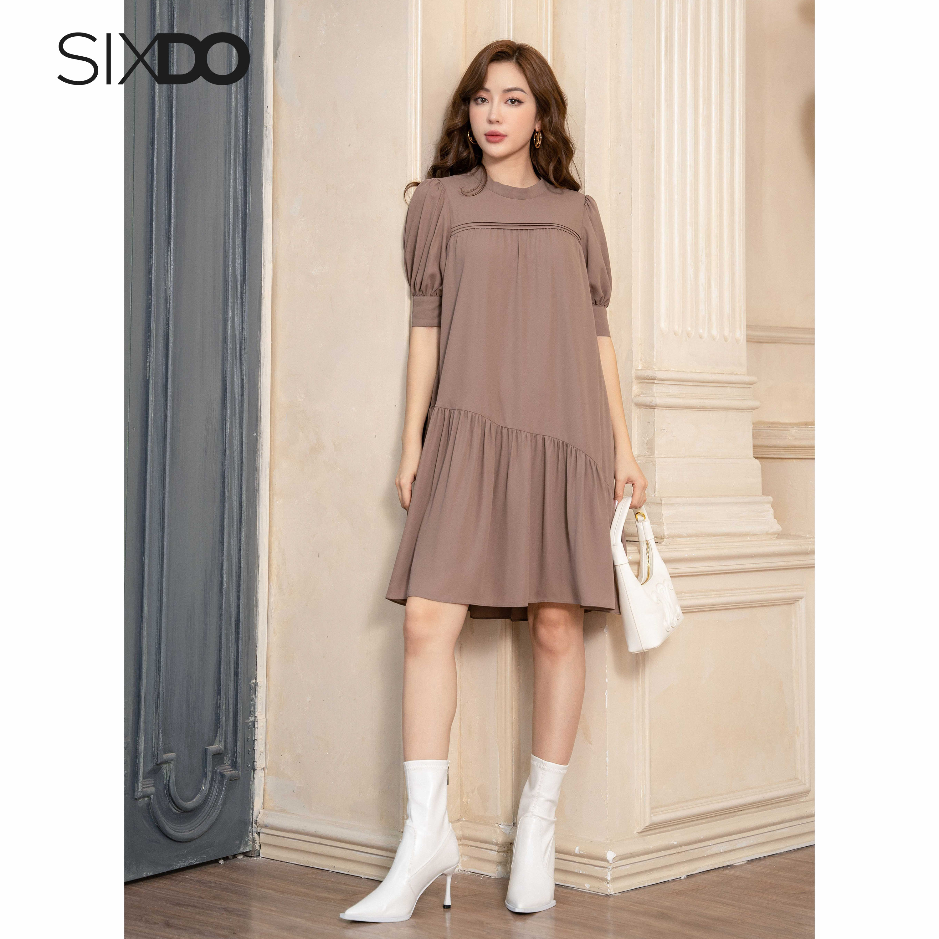 Đầm suông chiffon cổ tròn SIXDO (Grayish Brown Midi Chiffon Dress)