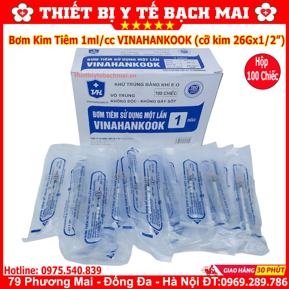 [Hộp 100] Bơm Tiêm 1ml VINAHANKOOK Đầu Kim 26G
