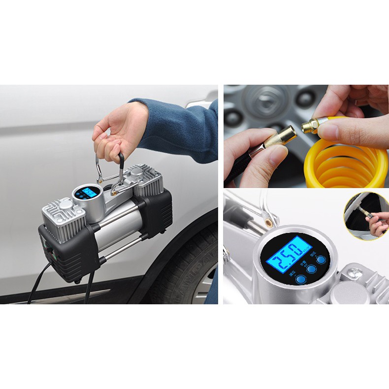 Bơm Ô Tô 2 Xi Lanh, Bơm Lốp Ô Tô Hai Piston Xilanh Có Mặt Đồng Hồ Điện Tử Giúp Theo Dõi Áp Suất Lốp Xe - Bơm 2 Xy lanh